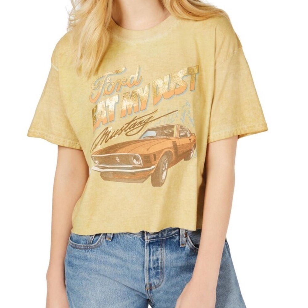 Vintage Cropped Yellow Short Sleeve Tee Retro Ford Mustang Graphic